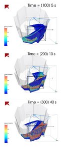 Example of a simulation that displays the blast results in a work piece batch after different time intervals. 