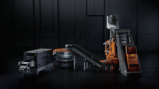 Processing line with tumble belt blasting system and circular vibrator with subsequent belt dryer