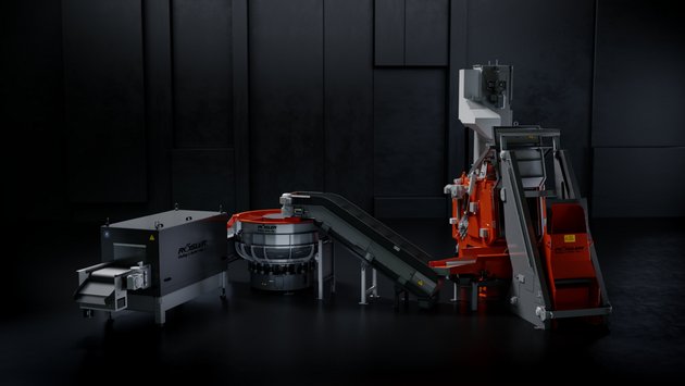 Customized process engineering to perfectly integrate our machines and operating processes into your production cycles Combined blasting system with vibratory finishing and drying